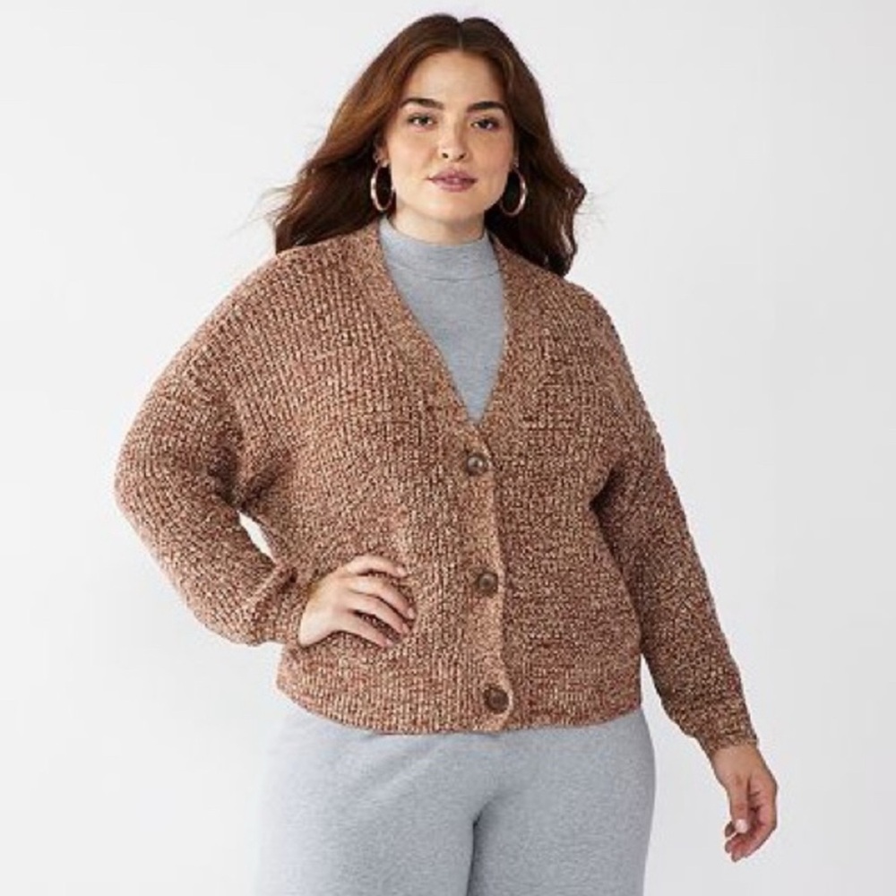 Cara Santana X Nine West Cropped Brown Marled Cardigan Cotton Blend Size XL